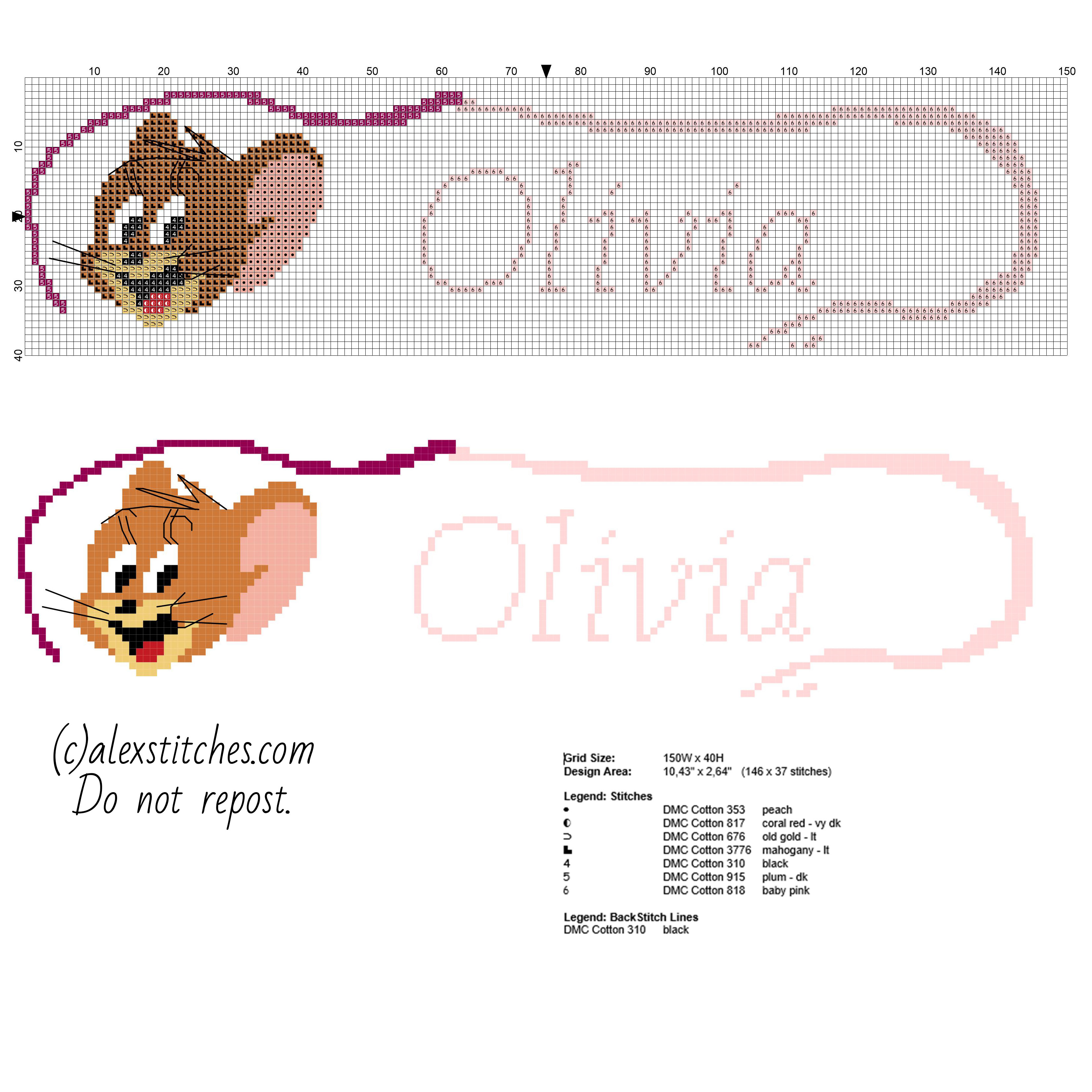 Cross stitch baby name Olivia with Jerry character from Tom and Jerry cartoon
