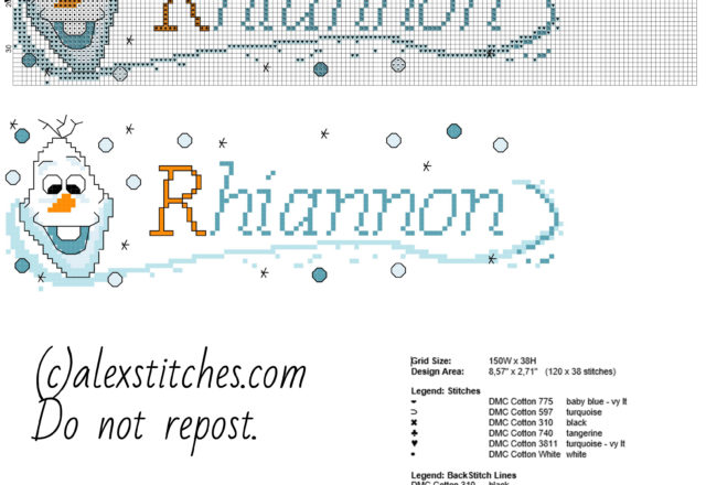 Cross stitch baby name Rhiannon with Olaf character from Disney Frozen cartoon free download