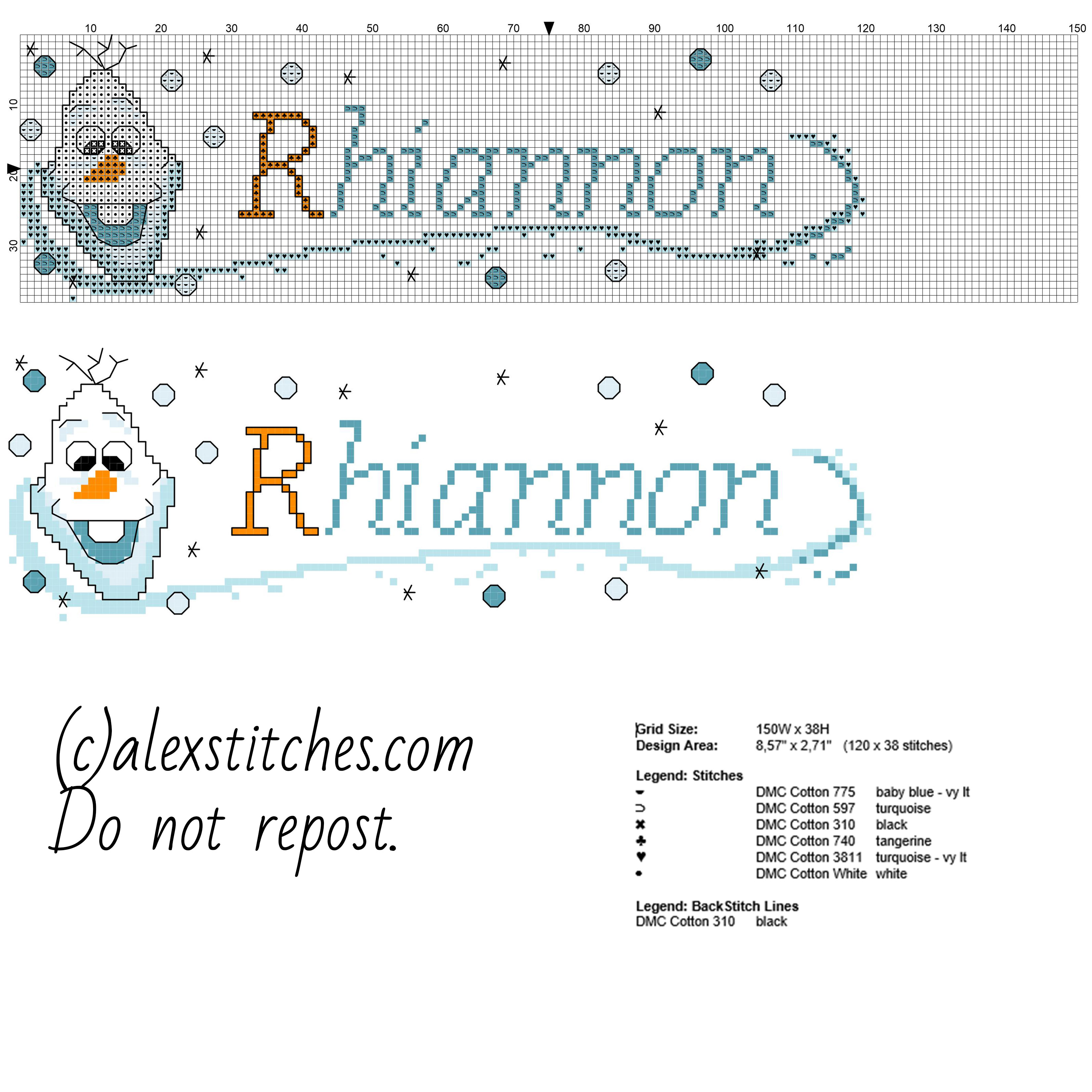 Cross stitch baby name Rhiannon with Olaf character from Disney Frozen cartoon free download