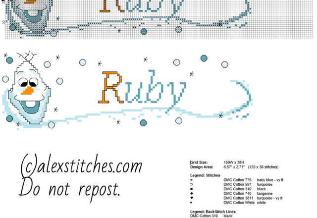 Cross stitch baby name Ruby with Olaf character from Disney Frozen cartoon free download