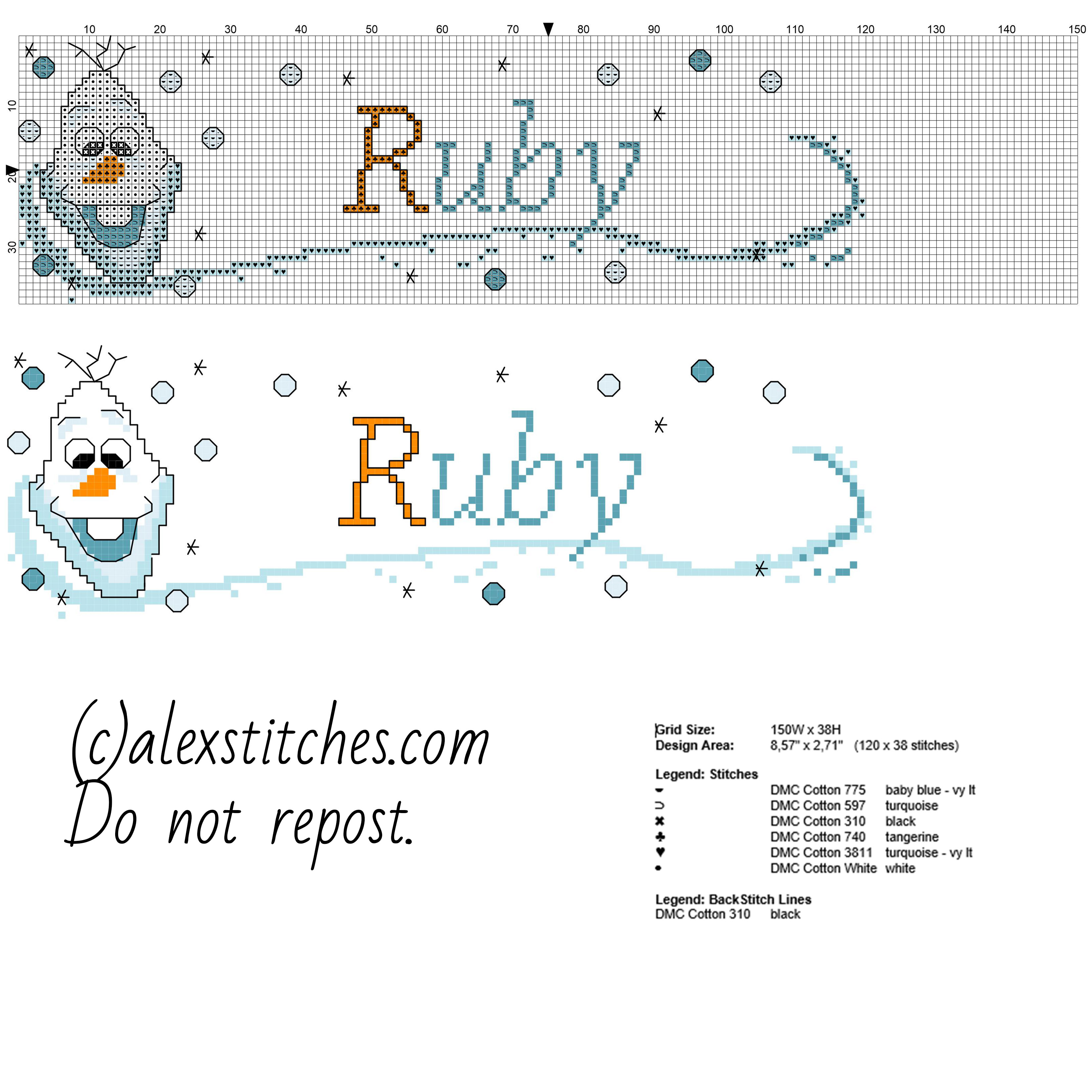 Cross stitch baby name Ruby with Olaf character from Disney Frozen cartoon free download