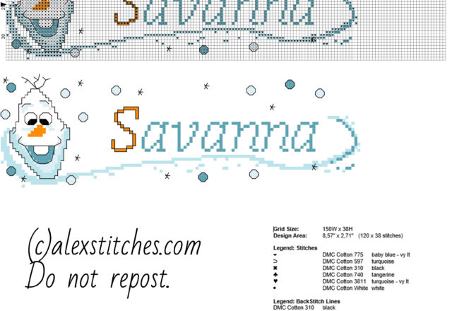 Cross stitch baby name Savanna with Olaf character from Disney Frozen cartoon