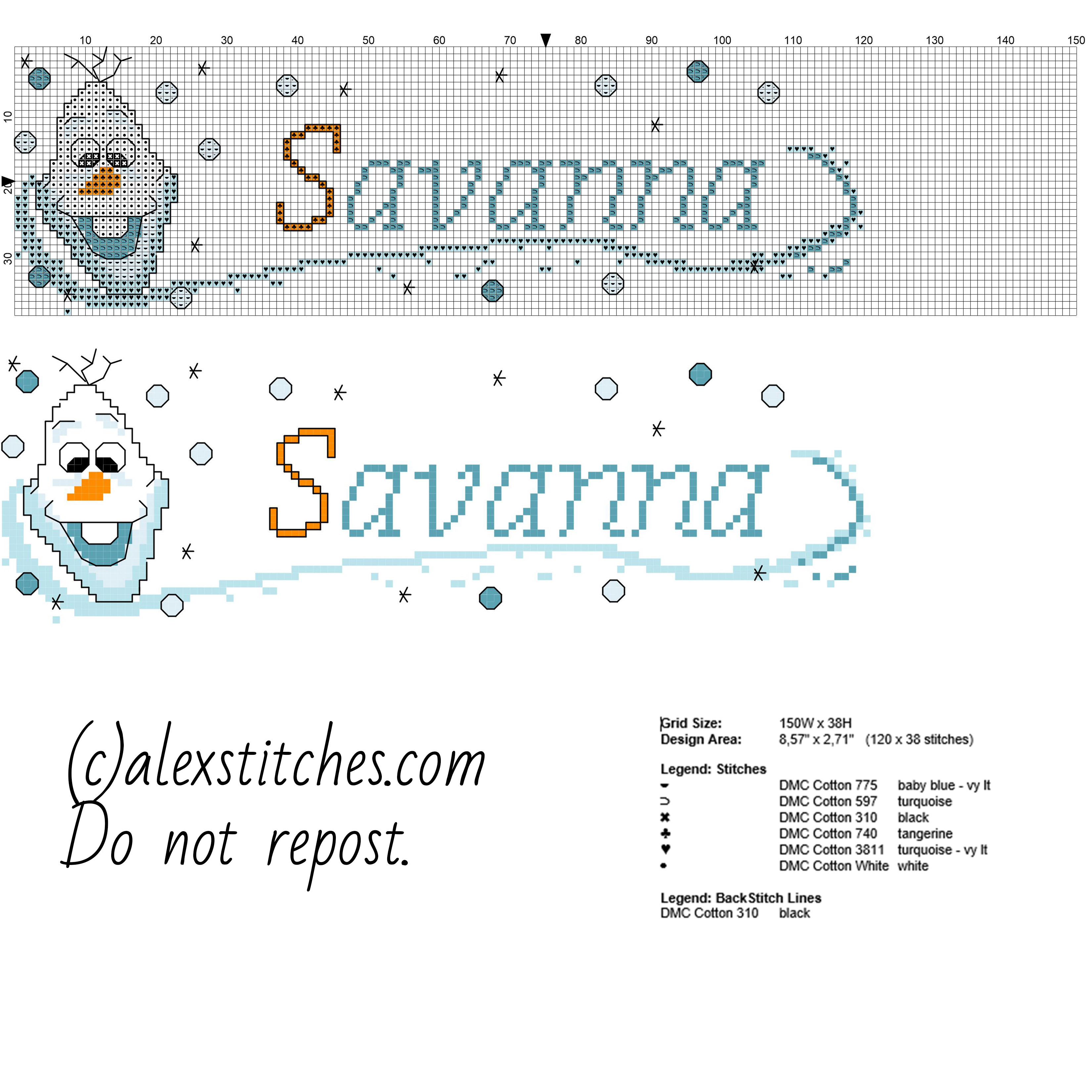 Cross stitch baby name Savanna with Olaf character from Disney Frozen cartoon
