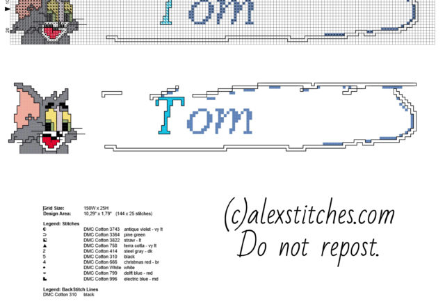 Cross stitch baby name Tom with cat Tom from Tom and Jerry