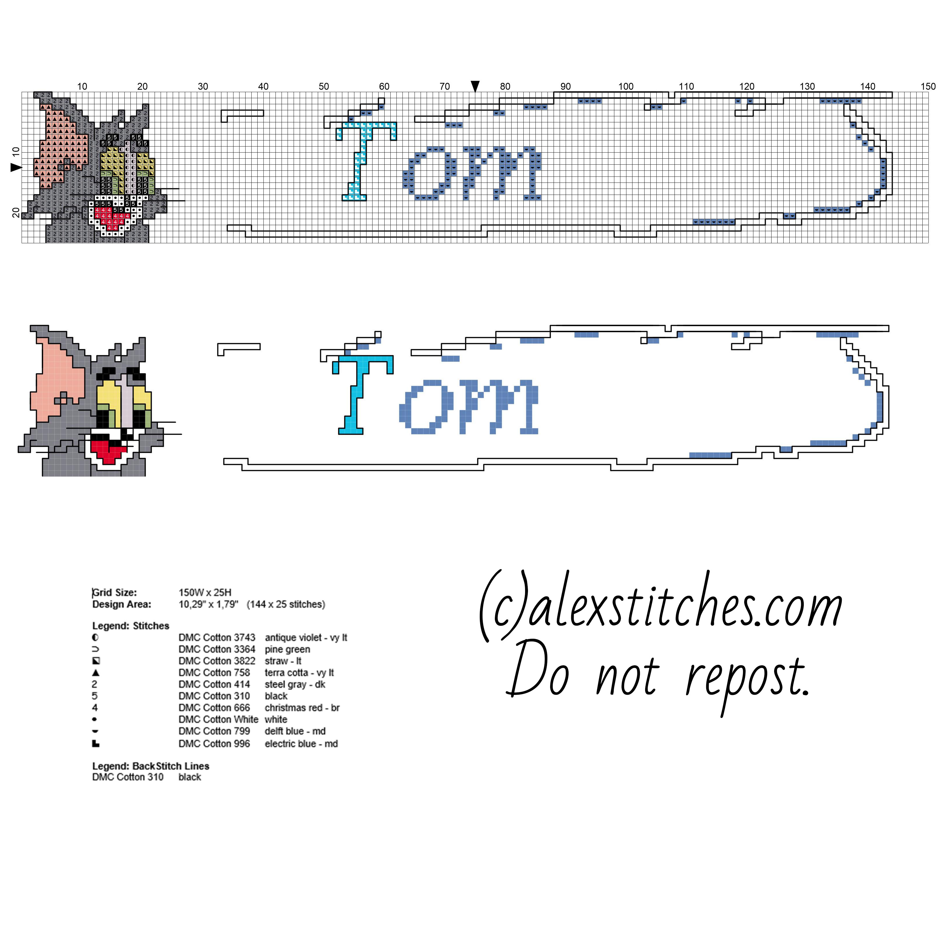 Cross stitch baby name Tom with cat Tom from Tom and Jerry