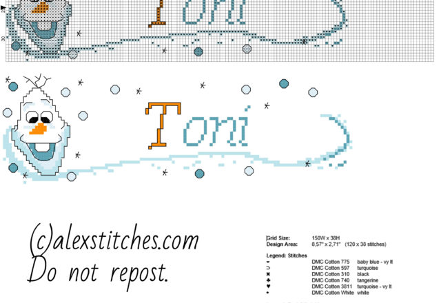 Cross stitch baby name Toni with Olaf character from Diseny Frozen cartoon free download