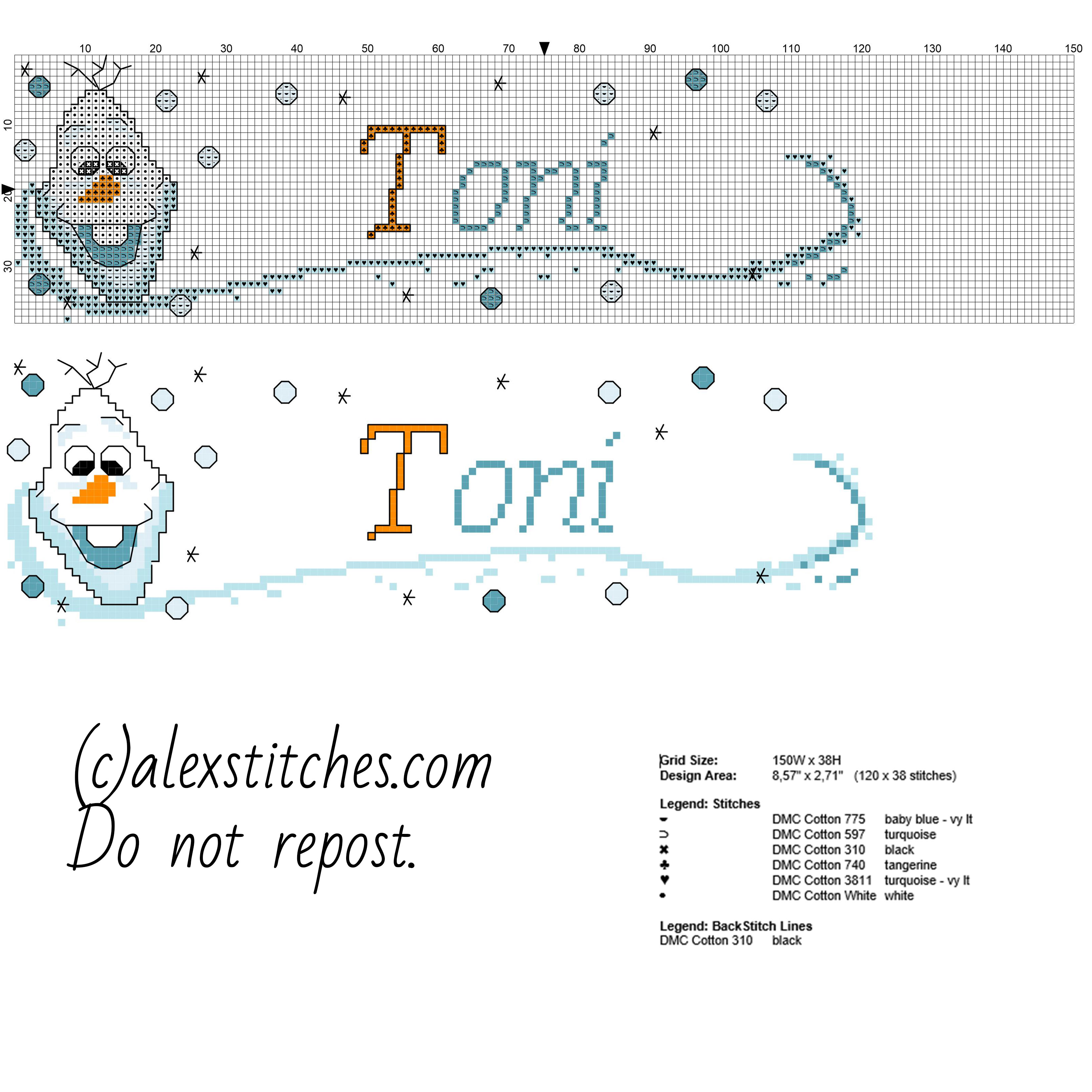 Cross stitch baby name Toni with Olaf character from Diseny Frozen cartoon free download