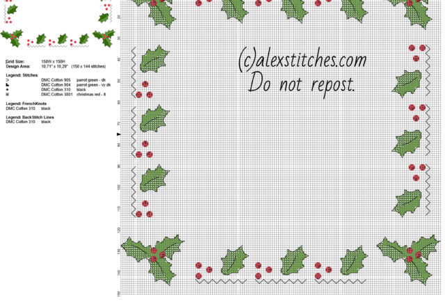 Cross stitch border with Christmas holly leaves free pcstitch pattern download