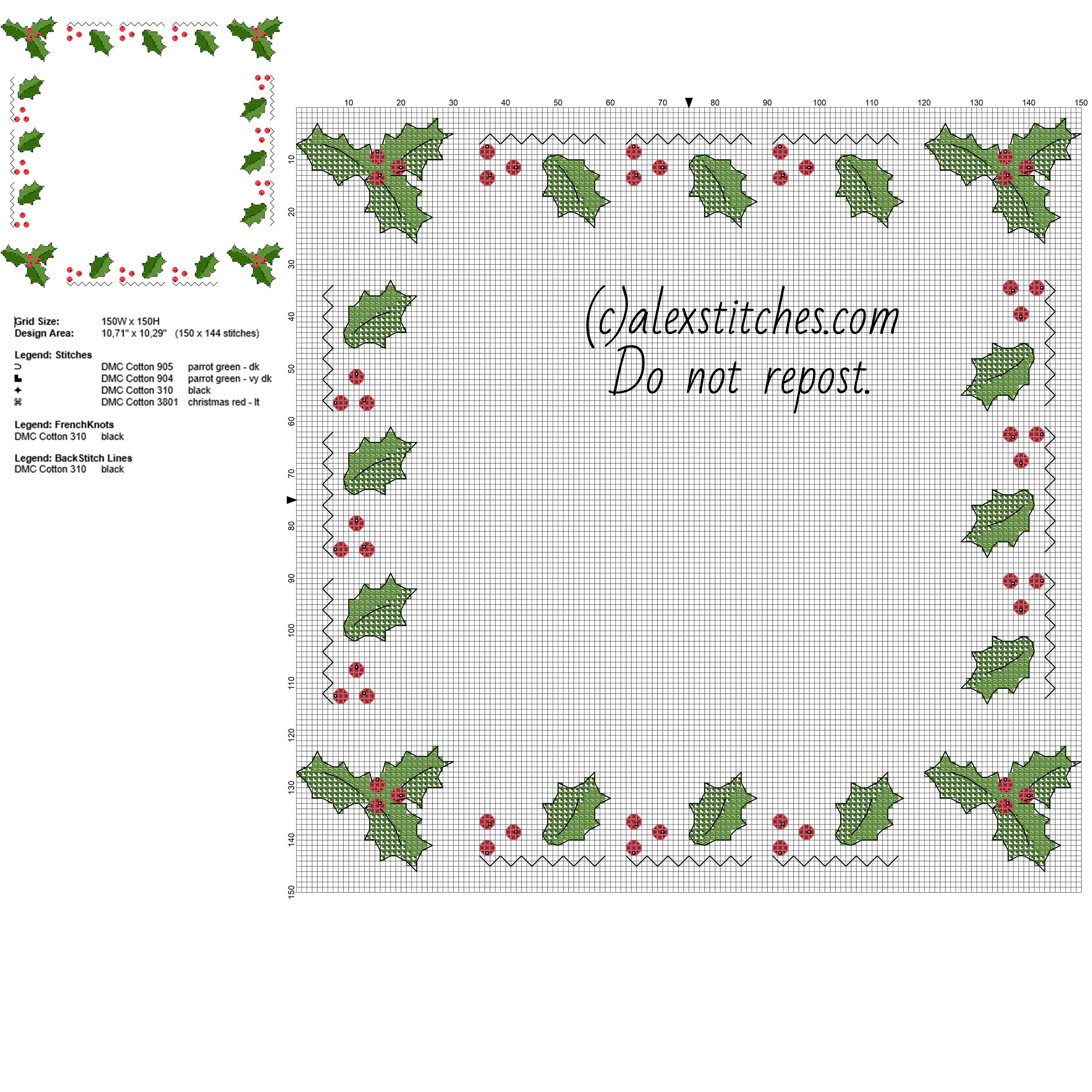Cross stitch border with Christmas holly leaves free pcstitch pattern download
