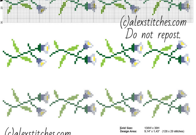 Cross stitch border with violet bellflowers width 20 stitches free download