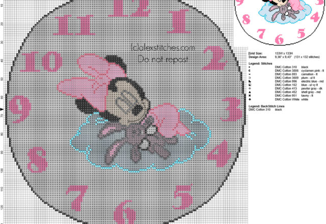 Cross stitch clock with Disney Minnie with teddy bear 130 stitches diameter