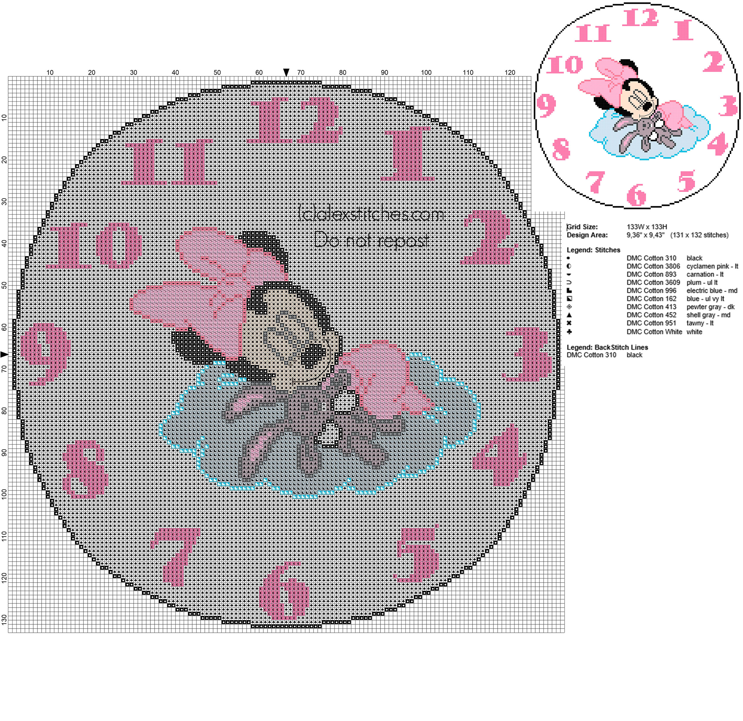 Cross stitch clock with Disney Minnie with teddy bear 130 stitches diameter