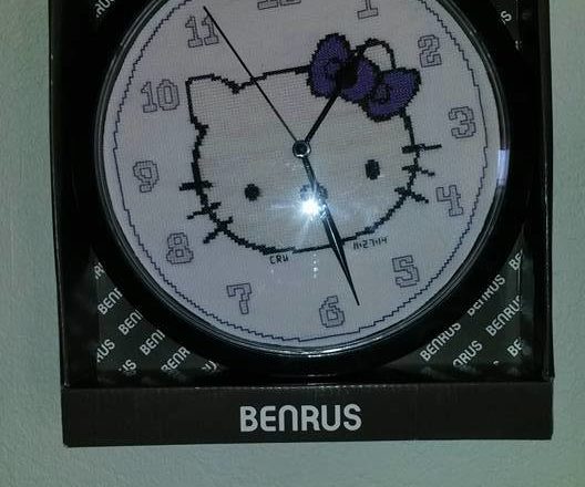 Cross stitch clock with Hello Kitty work photo author facebook user Carrie Renae Uetz 2