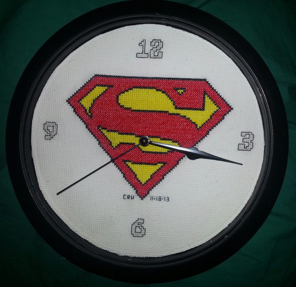Cross stitch clock with Superman original logo author facebook user Carrie Renae Uetz
