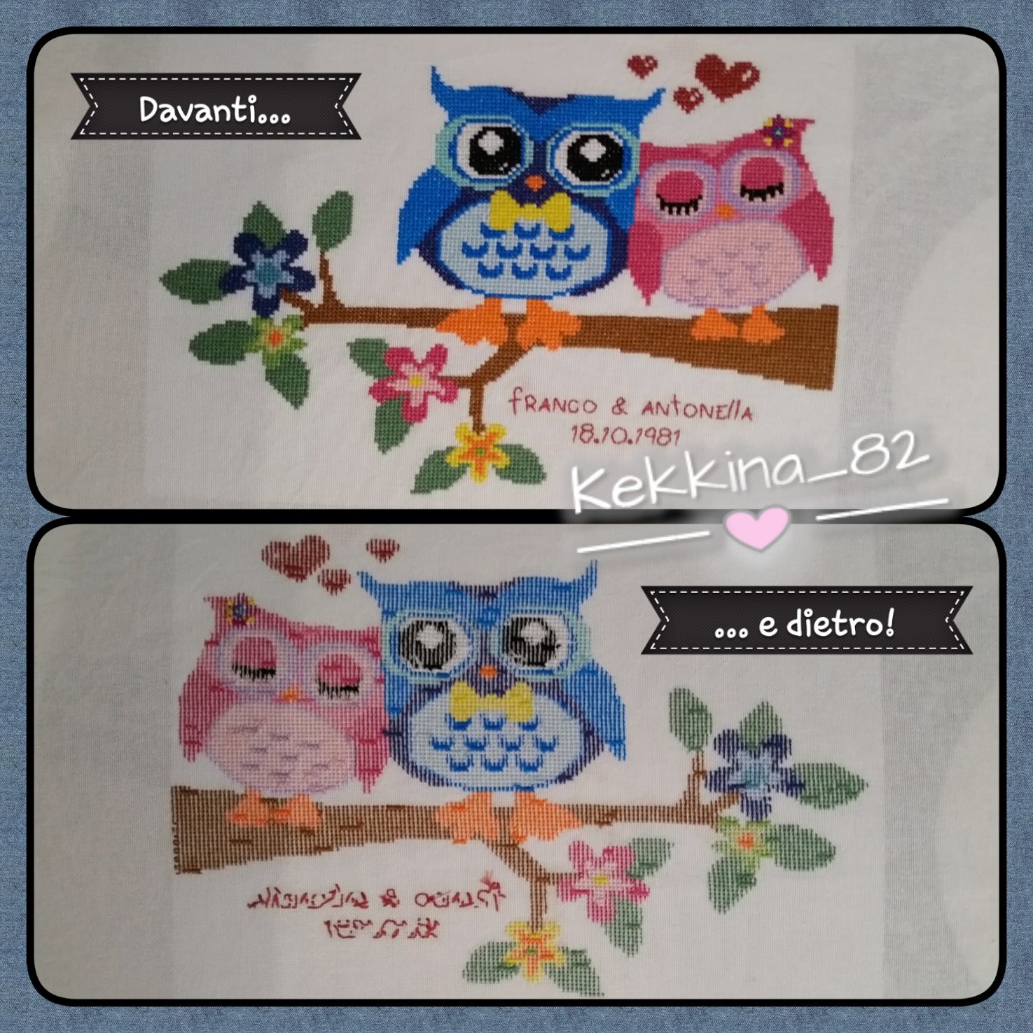 Cross stitch cute owls in love work photo by Facebook Fan Francesca Kekkina Pillonca (1)