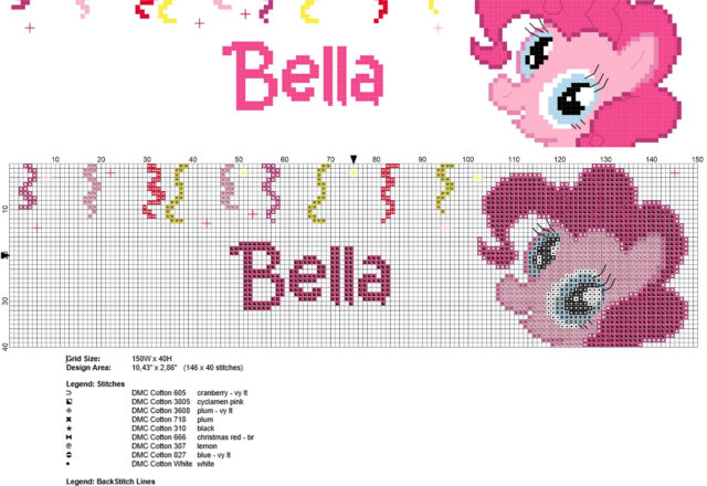 Cross stitch female name Bella with My Little Pony Pinkie Pie free pattern download