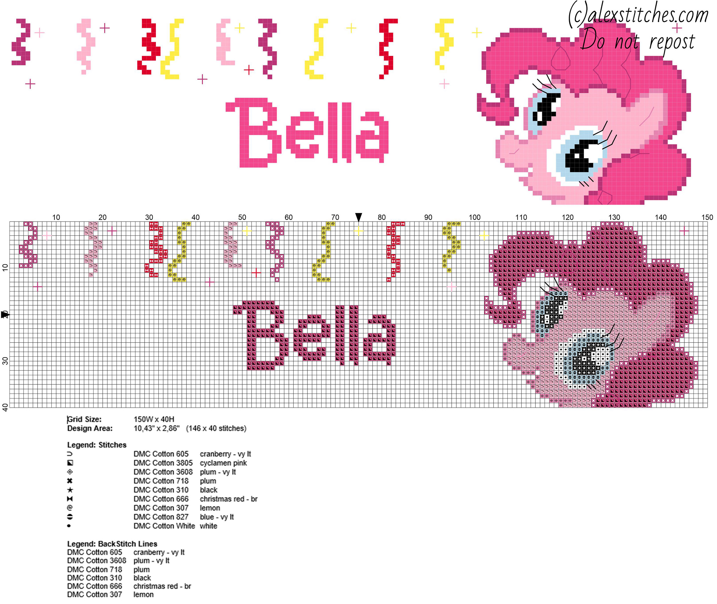 Cross stitch female name Bella with My Little Pony Pinkie Pie free pattern download