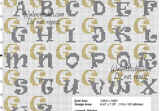 Cross stitch initials gold and silver colors with letter G size about 20 stitches
