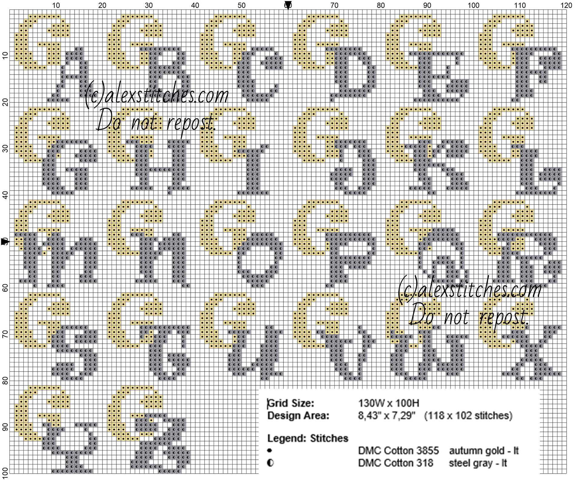 Cross stitch initials gold and silver colors with letter G size about 20 stitches