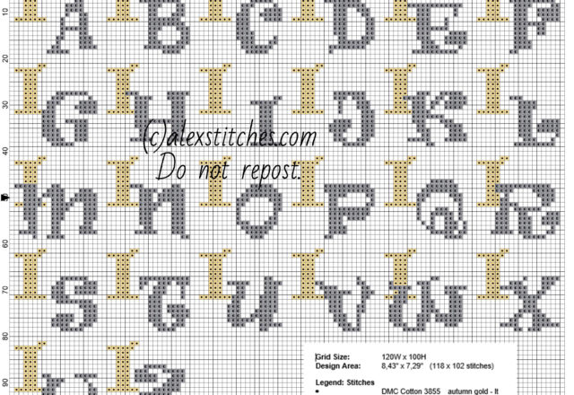 Cross stitch initials gold and silver letters I about 20 x 20 stitches size free pattern download