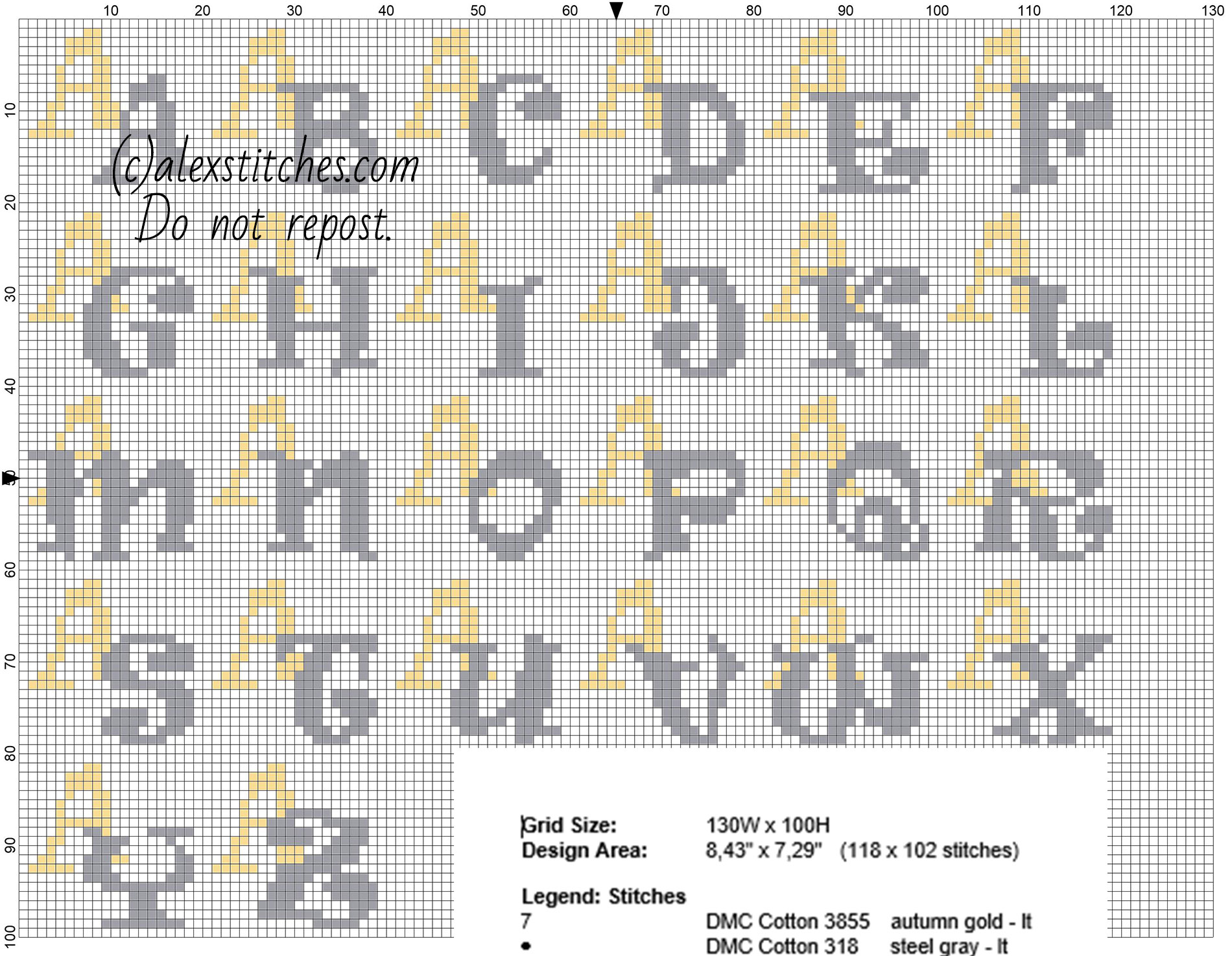 Cross stitch initials letter A gold and silver color size 20 stitches