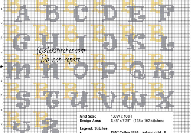 Cross stitch initials letter B gold and silver colors size about 20 stitches free download