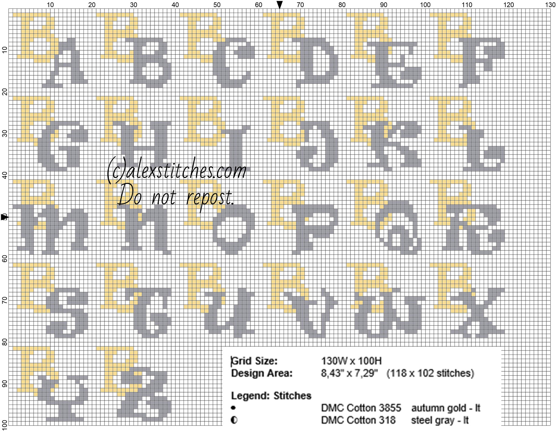 Cross stitch initials letter B gold and silver colors size about 20 stitches free download