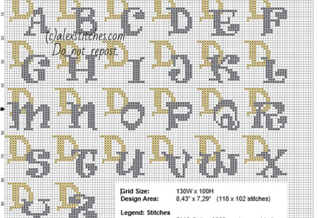 Cross stitch initials letters with letter D gold and silver colors size about 20 stitches