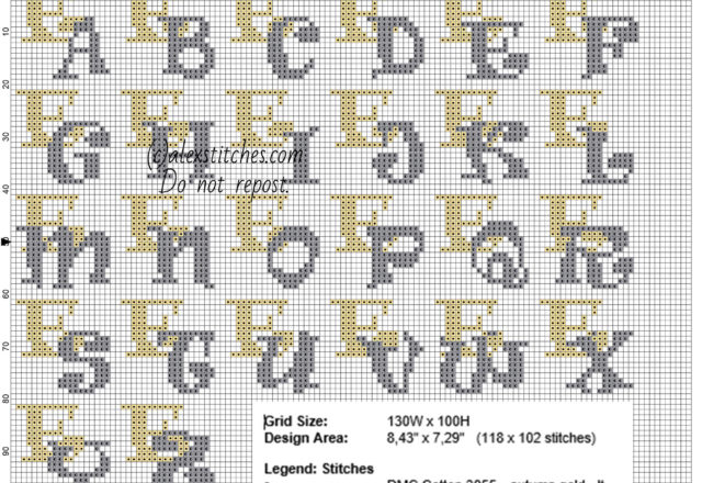 Cross stitch initials with gold and silver colors letters E size about 20 stitches free download