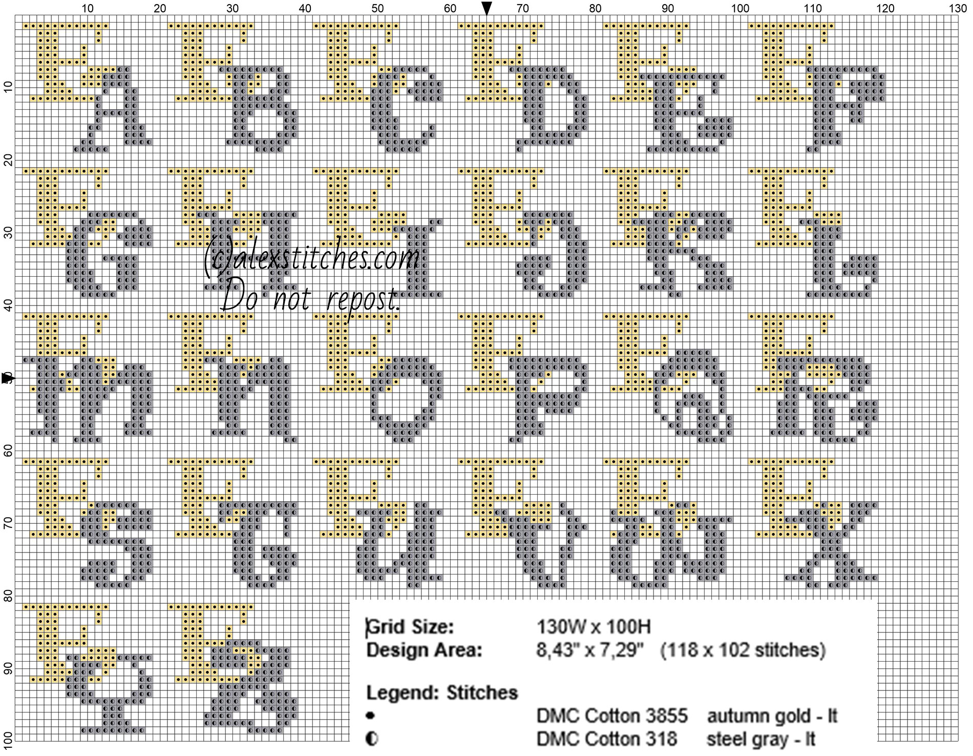 Cross stitch initials with gold and silver colors letters E size about 20 stitches free download