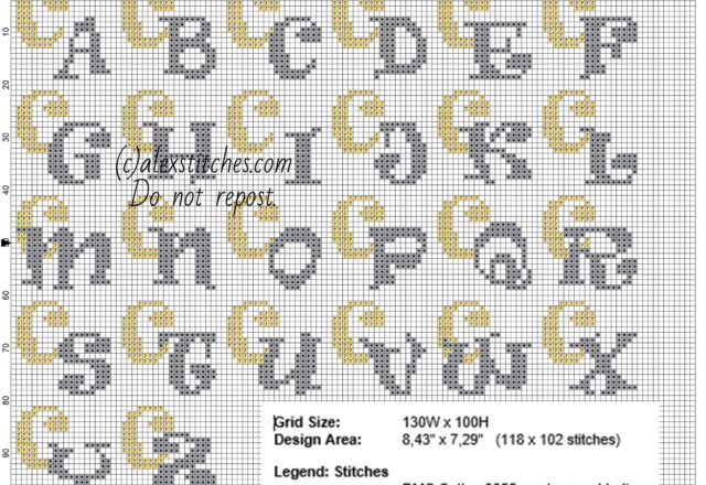 Cross stitch initials with letter C gold and silver colors size about 20 stitches