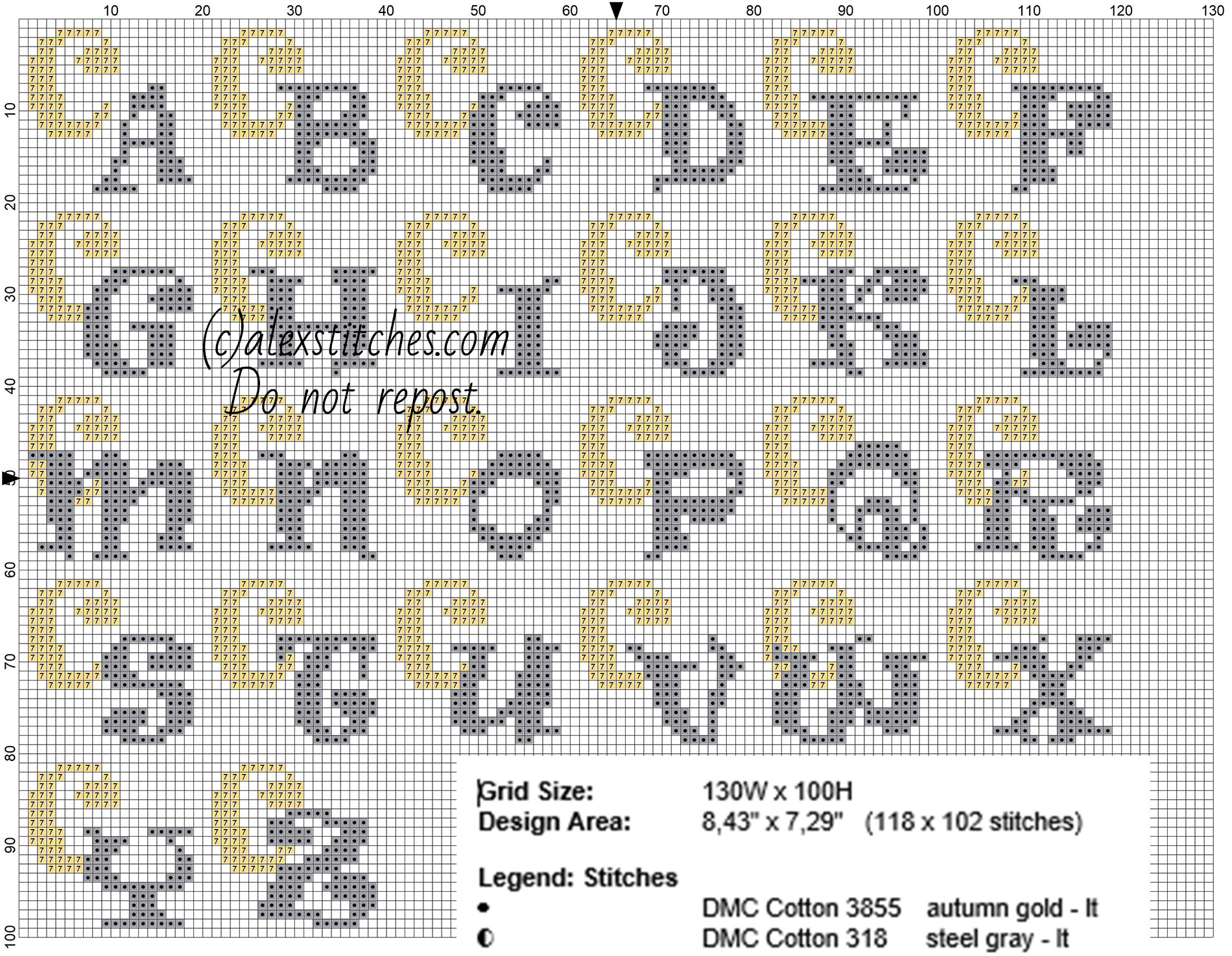 Cross stitch initials with letter C gold and silver colors size about 20 stitches