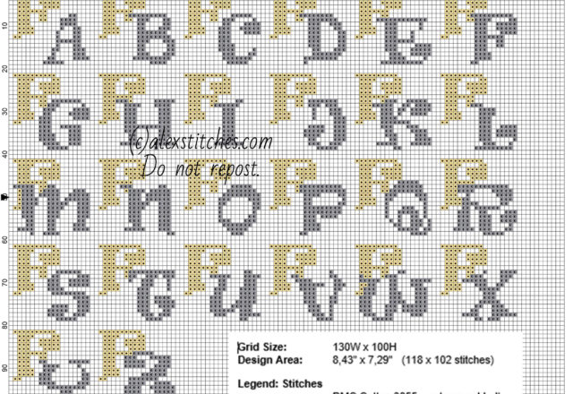 Cross stitch initials with letter F gold and silver colors free download