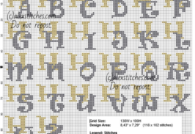 Cross stitch initials with letter H gold and silver colors free pattern download size 20 stitches