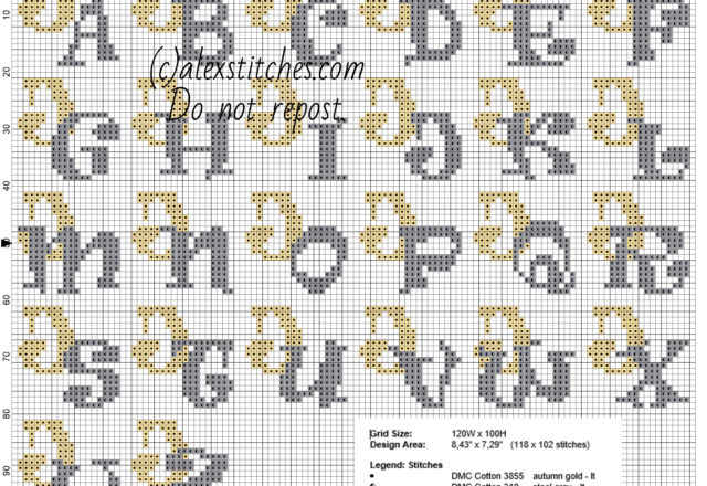 Cross stitch initials with letter J gold and silver color free pattern download