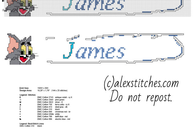 Cross stitch male baby name James with Tom and Jerry cartoon