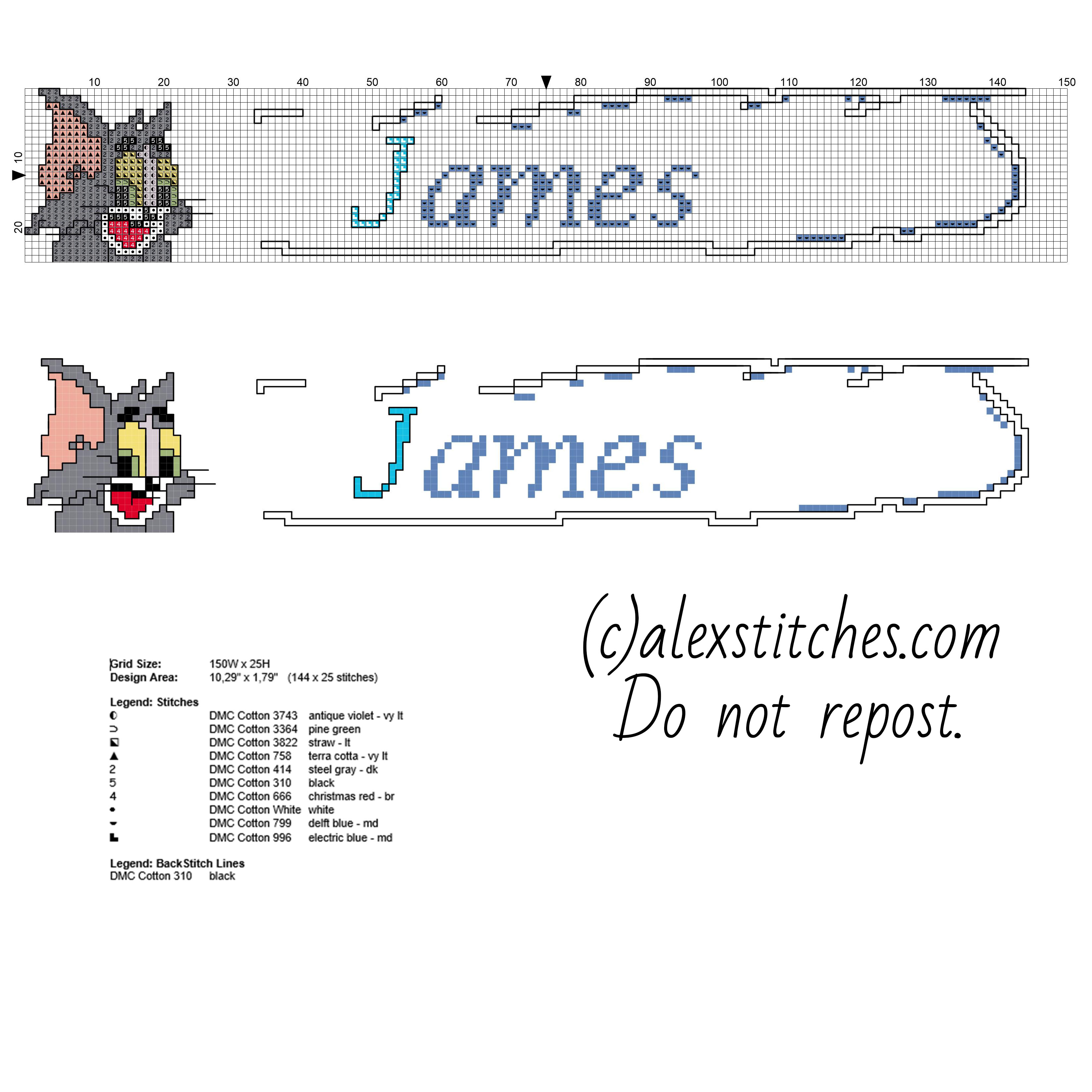 Cross stitch male baby name James with Tom and Jerry cartoon