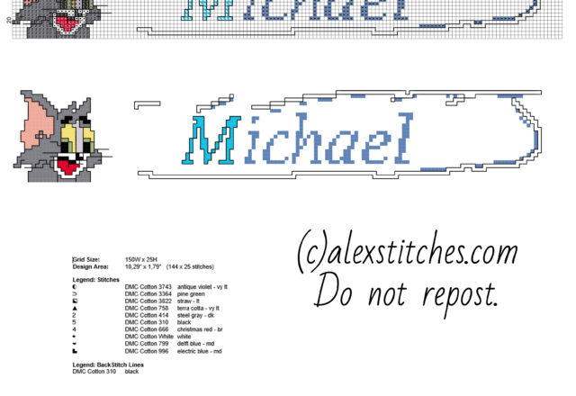 Cross stitch male baby name Michael with Tom and Jerry cartoon characters free download