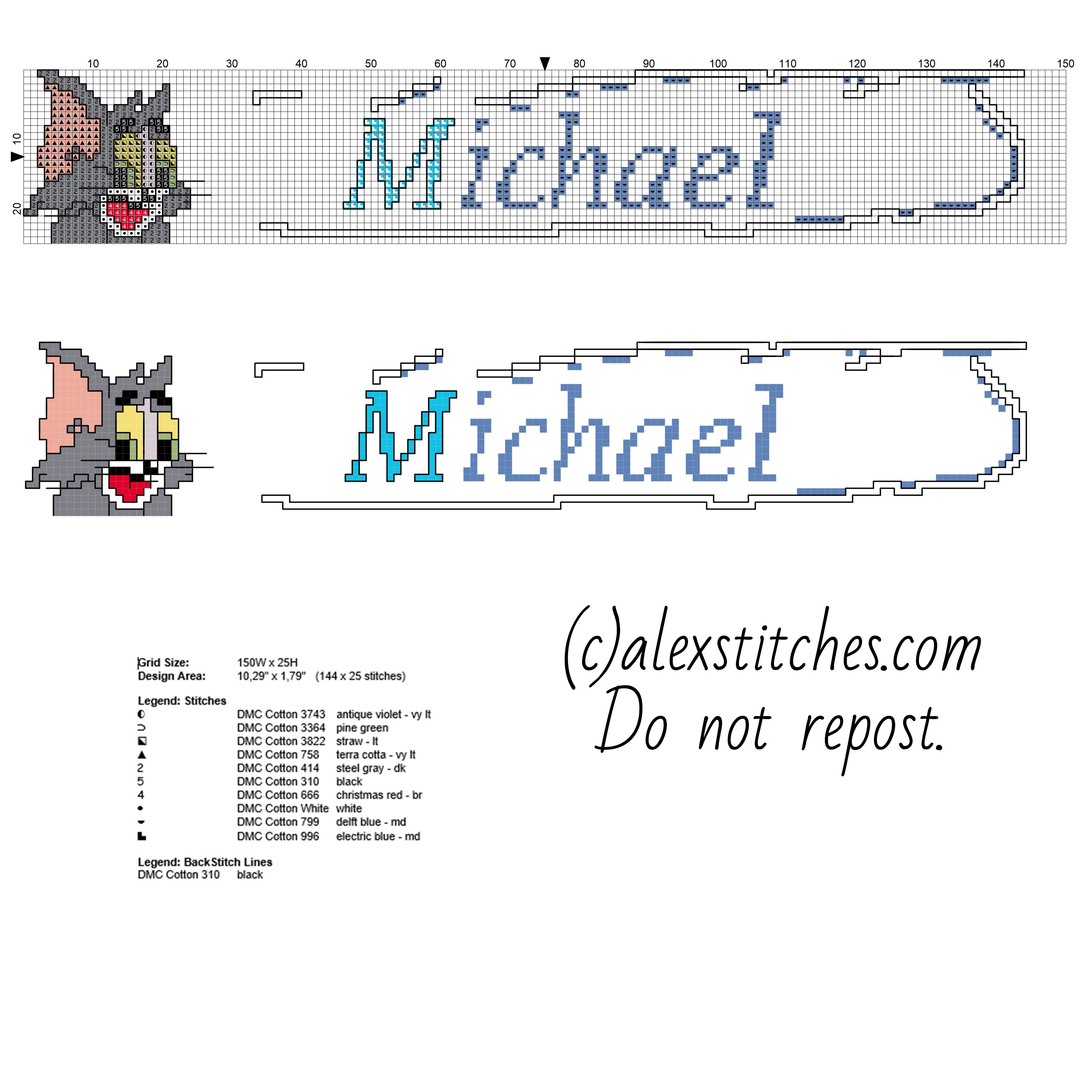 Cross stitch male baby name Michael with Tom and Jerry cartoon characters free download