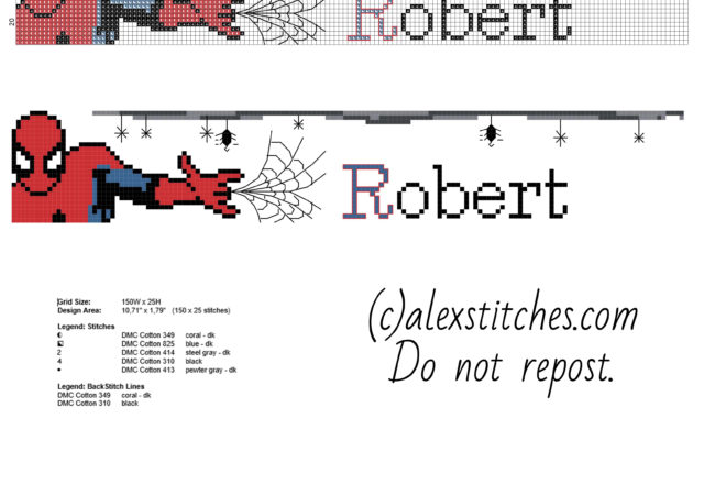 Cross stitch male baby name Robert with Spider Man