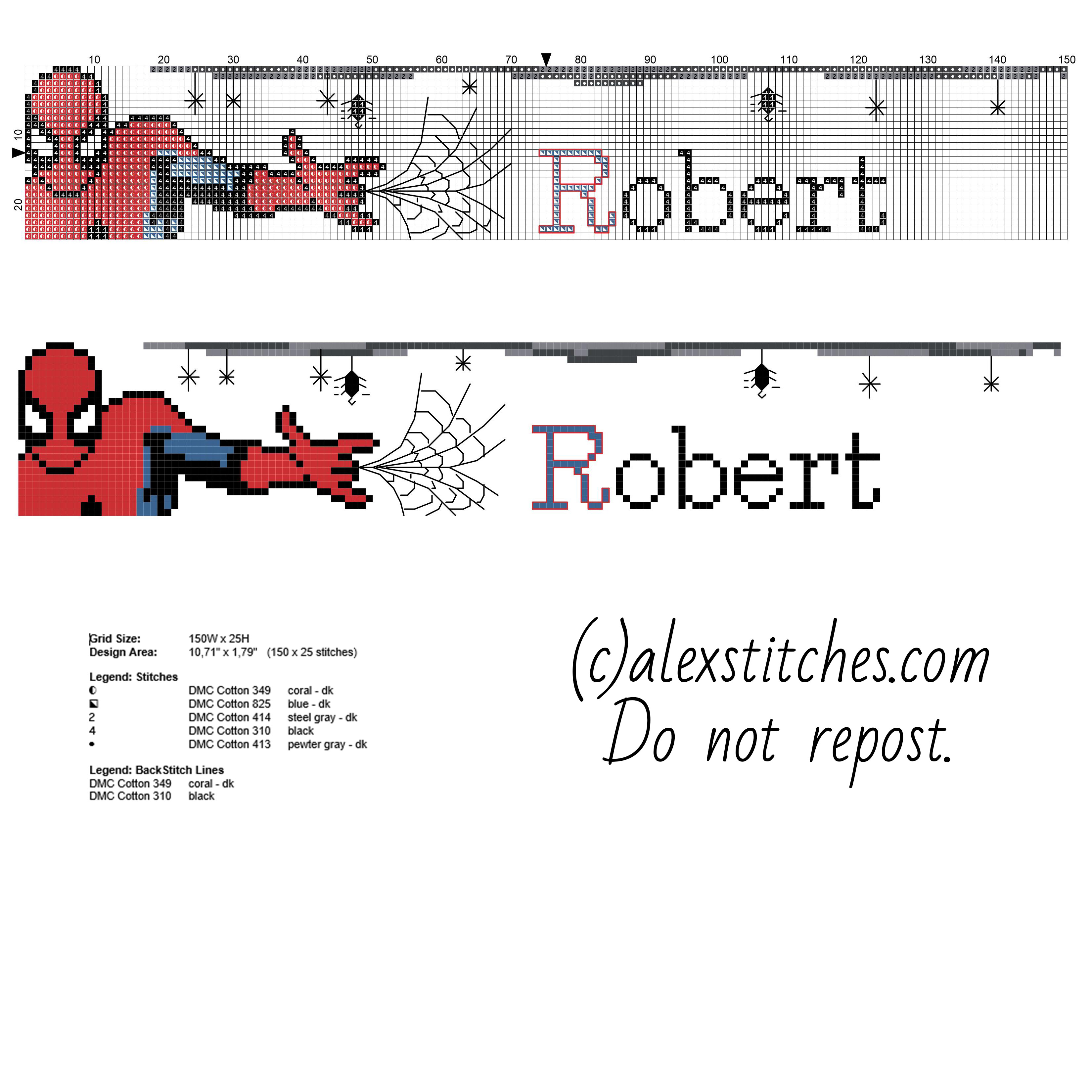 Cross stitch male baby name Robert with Spider Man