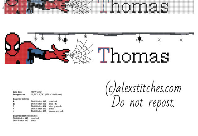 Cross stitch male baby name Thomas with Spider Man