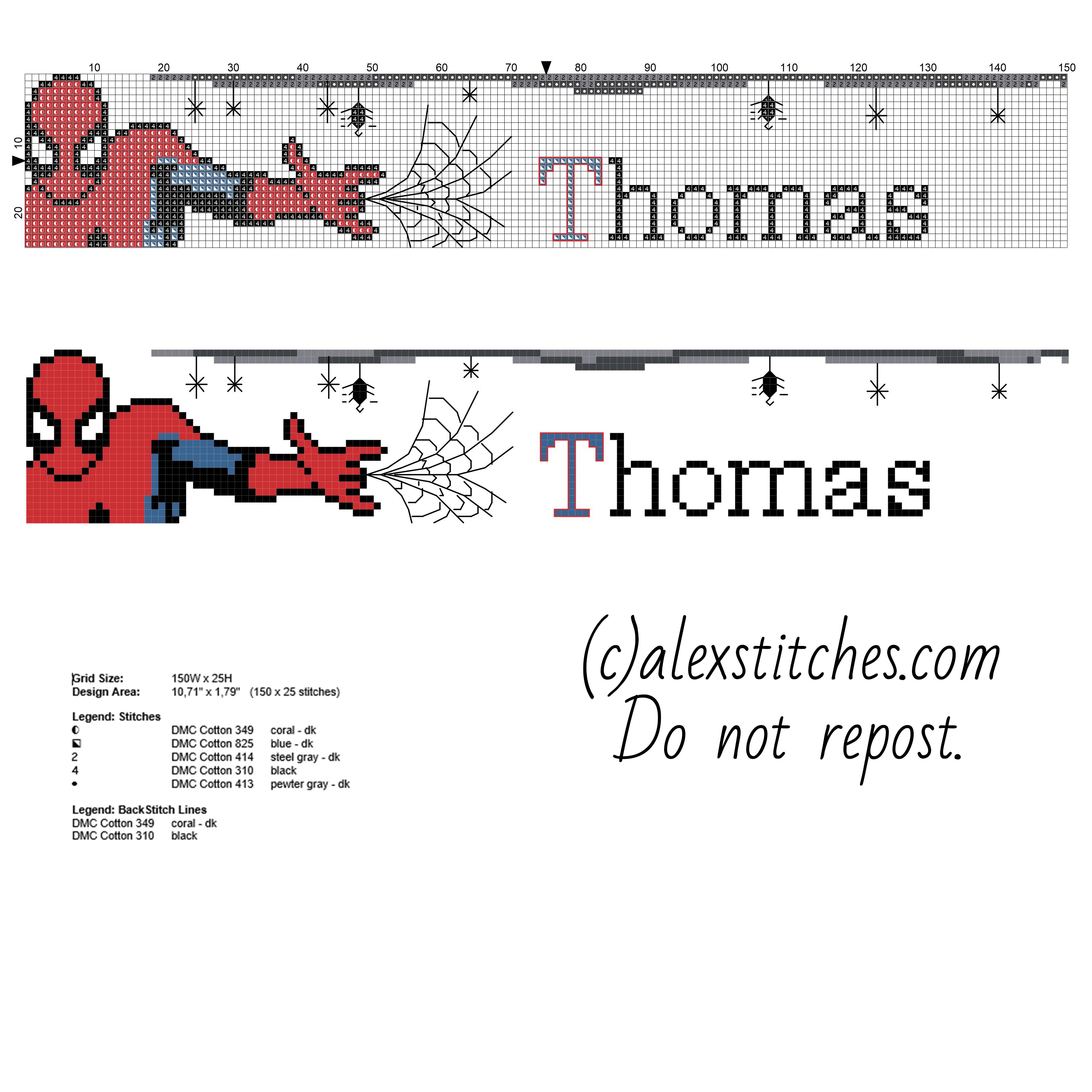 Cross stitch male baby name Thomas with Spider Man