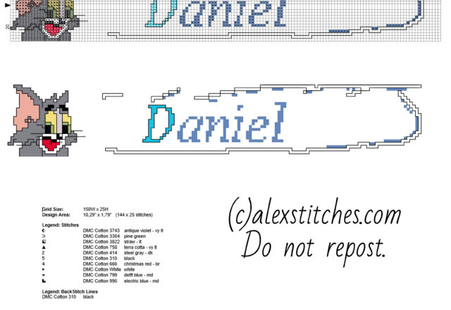 Cross stitch male name Daniel with Tom face from Tom and Jerry cartoon free pcstitch download