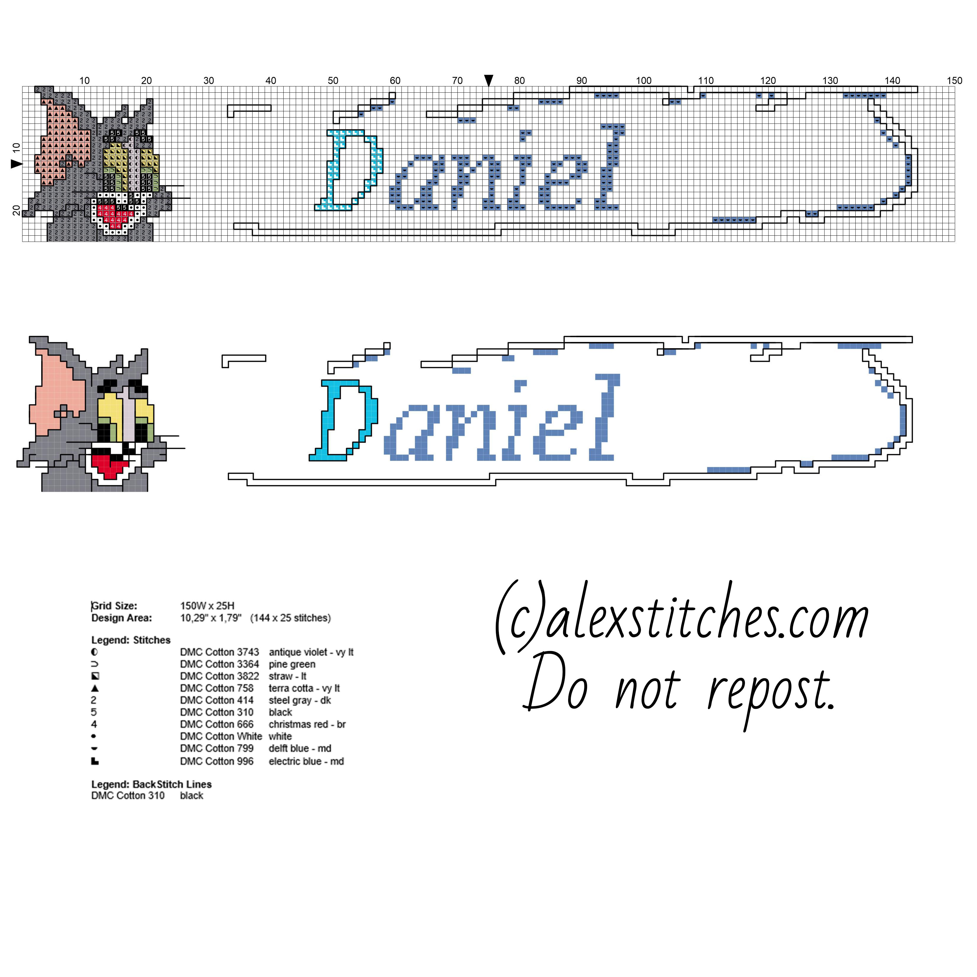 Cross stitch male name Daniel with Tom face from Tom and Jerry cartoon free pcstitch download