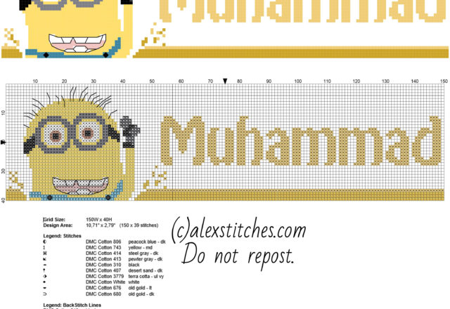 Cross stitch male name Muhammad with Despicable Me funny Minion character