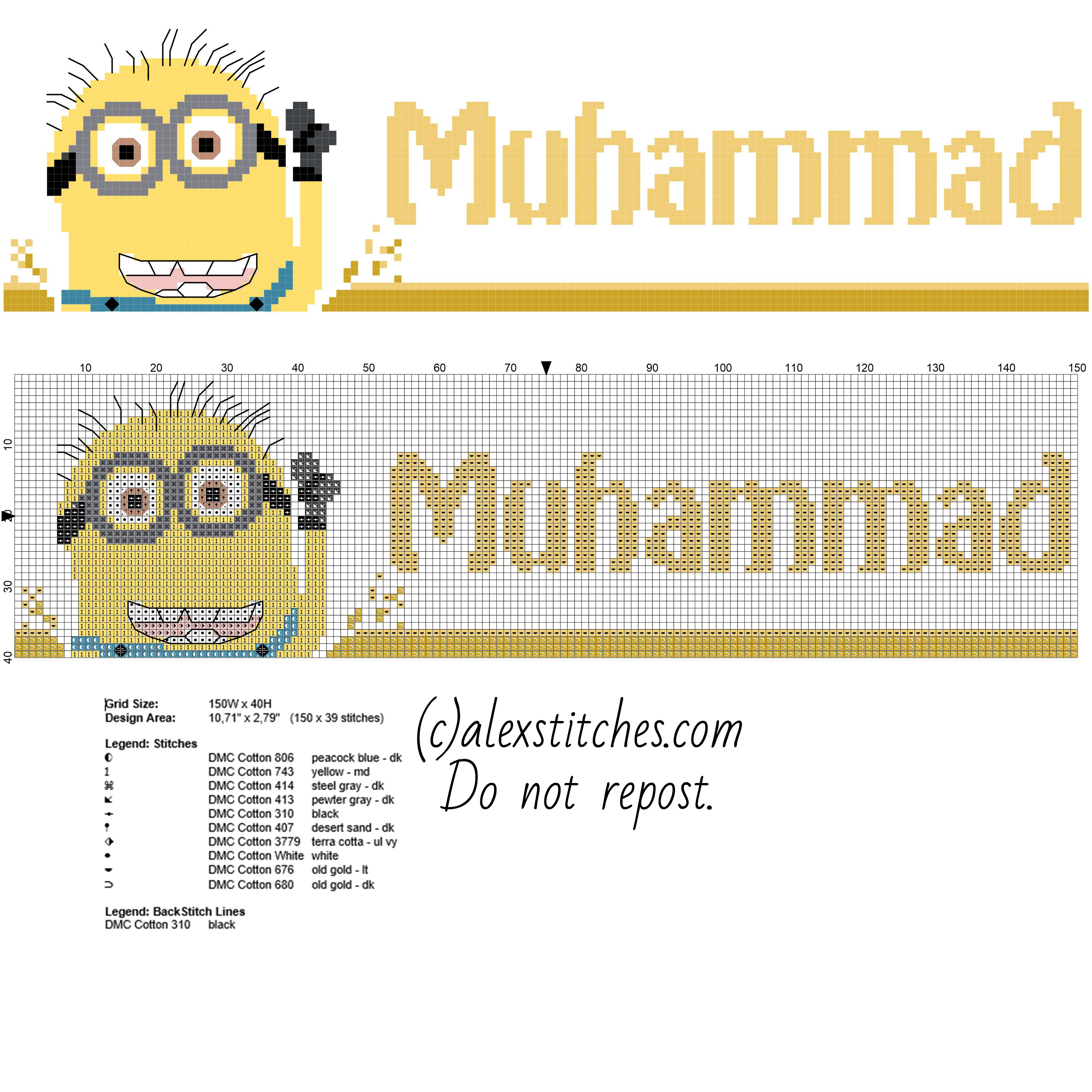 Cross stitch male name Muhammad with Despicable Me funny Minion character