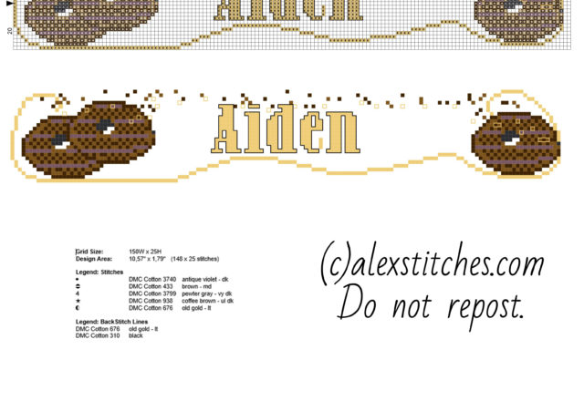 Cross stitch name Aiden male baby with a chocolate biscuit free cross stitch pattern