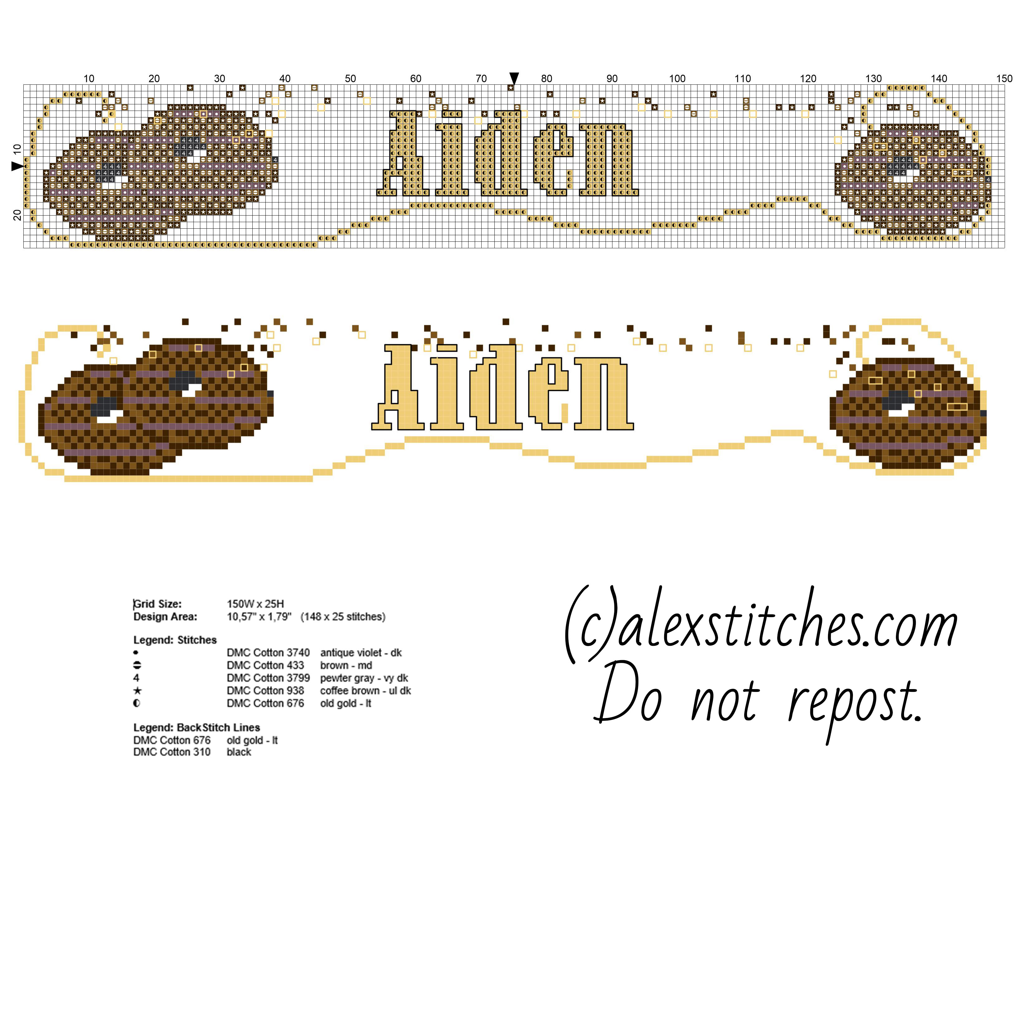 Cross stitch name Aiden male baby with a chocolate biscuit free cross stitch pattern