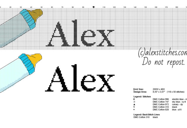 Cross stitch name Alex with a light blue feeding bottle